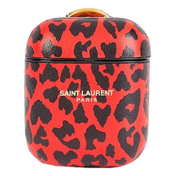 Saint Laurent Leopard Print Black and Red Leather Airpods - Picture 1 of 5